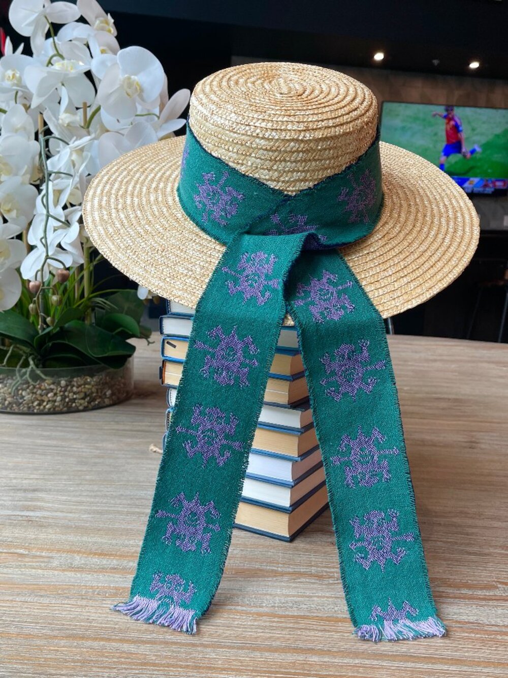 Size M/L, 3.75" Wide Brim One-of-a-Kind Designer Straw Sun Hat with Emerald Jacq